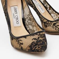 Pre Owned حذاء كعب عالي جيمي تشو جلد لامع ودانتيل خشن أسود مقدمة مدببة مقاس 36