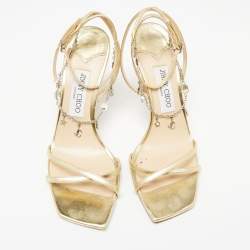 Pre Owned Jimmy Choo Gold Leather Metz Chain Ankle Strap Sandals Size 38.5