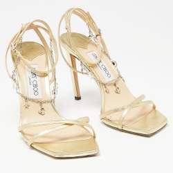 Pre Owned Jimmy Choo Gold Leather Metz Chain Ankle Strap Sandals Size 38.5