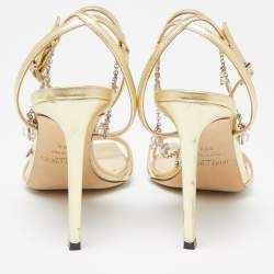 Pre Owned Jimmy Choo Gold Leather Metz Chain Ankle Strap Sandals Size 38.5