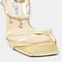 Pre Owned Jimmy Choo Gold Leather Metz Chain Ankle Strap Sandals Size 38.5