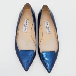 Pre Owned Jimmy Choo Metallic Blue Leather Attila Pointed Toe Ballet Flats Size 37.5