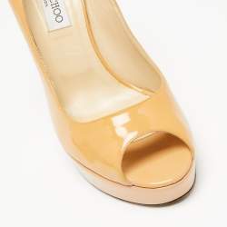 Jimmy Choo Beige Patent Leather Crown Peep-Toe Platform Pumps Size 41