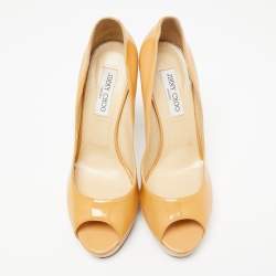 Jimmy Choo Beige Patent Leather Crown Peep-Toe Platform Pumps Size 41