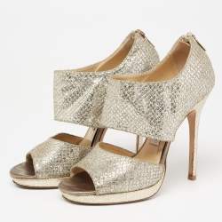 Jimmy Choo Silver/Gold Coarse Glitter Private Platform Sandals Size 37
