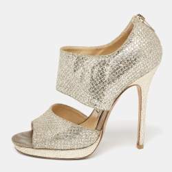 Jimmy Choo Silver/Gold Coarse Glitter Private Platform Sandals Size 37