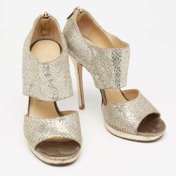 Jimmy Choo Silver/Gold Coarse Glitter Private Platform Sandals Size 37