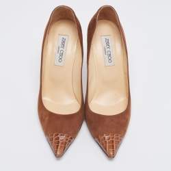 Jimmy Choo Brown Suede and Croc Embossed Leather Pointed-Toe Pumps Size 39