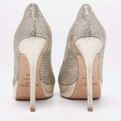 Pre Owned Jimmy Choo Silver/Gold Coarse Glitter Crown Peep-Toe Platform Pumps Size 36.5