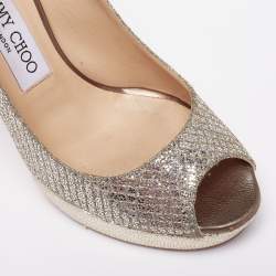 Pre Owned Jimmy Choo Silver/Gold Coarse Glitter Crown Peep-Toe Platform Pumps Size 36.5