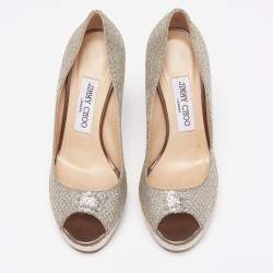 Pre Owned Jimmy Choo Silver/Gold Coarse Glitter Crown Peep-Toe Platform Pumps Size 36.5