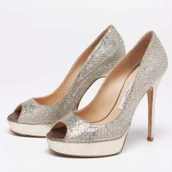 Pre Owned Jimmy Choo Silver/Gold Coarse Glitter Crown Peep-Toe Platform Pumps Size 36.5