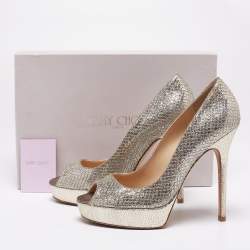 Pre Owned Jimmy Choo Silver/Gold Coarse Glitter Crown Peep-Toe Platform Pumps Size 36.5