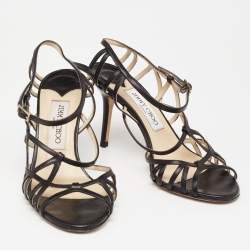 Pre Owned Jimmy Choo Black Leather Strappy Sandals Size 36.5