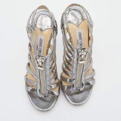 Pre Owned Jimmy Choo Metallic Silver Snake Embossed Leather Glenys Gladiator Sandals Size 38