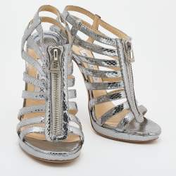 Pre Owned Jimmy Choo Metallic Silver Snake Embossed Leather Glenys Gladiator Sandals Size 38