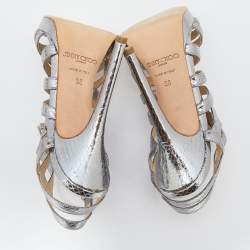 Pre Owned Jimmy Choo Metallic Silver Snake Embossed Leather Glenys Gladiator Sandals Size 38