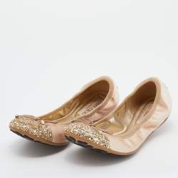 Pre Owned Jimmy Choo Beige/Gold Satin And Glitter Cap Toe Winnie Scrunch Ballet Flats Size 37