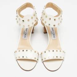 مملوكة مسبقًا Jimmy Choo Cream Leather Studded Open Toe Ankle Strap Sandals Size 37.5