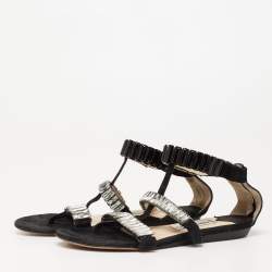 Pre Owned Jimmy Choo Black Suede Crystal Embellished Flat Sandals Size 37