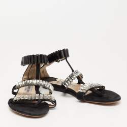 Pre Owned Jimmy Choo Black Suede Crystal Embellished Flat Sandals Size 37