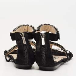 Pre Owned Jimmy Choo Black Suede Crystal Embellished Flat Sandals Size 37