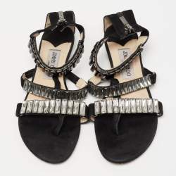 Pre Owned Jimmy Choo Black Suede Crystal Embellished Flat Sandals Size 37