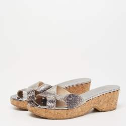 مملوكة مسبقًا Jimmy Choo Silver Python Embossed Leather Crisscross Prima Cork Wedge Slide Sandals Size 36.5
