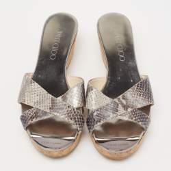 مملوكة مسبقًا Jimmy Choo Silver Python Embossed Leather Crisscross Prima Cork Wedge Slide Sandals Size 36.5