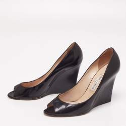 Pre Owned Jimmy Choo Black Patent Leather Baxen Peep Toe Wedge Pumps Size 41