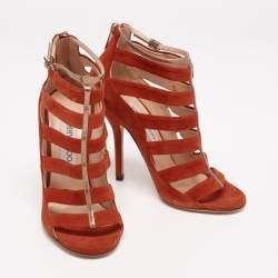 Pre Owned Jimmy Choo Burnt Orange/Gold Suede and Patent Leather Caged Ankle Strap Sandals Size 36