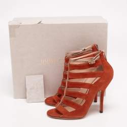 Pre Owned Jimmy Choo Burnt Orange/Gold Suede and Patent Leather Caged Ankle Strap Sandals Size 36