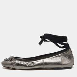 Pre Owned Jimmy Choo Metallic Grey Leather Grace Ankle-Wrap Ballet Flats Size 38.5