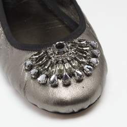 Pre Owned Jimmy Choo Metallic Grey Leather Grace Ankle-Wrap Ballet Flats Size 38.5