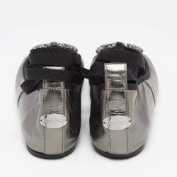 Pre Owned Jimmy Choo Metallic Grey Leather Grace Ankle-Wrap Ballet Flats Size 38.5