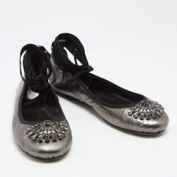 Pre Owned Jimmy Choo Metallic Grey Leather Grace Ankle-Wrap Ballet Flats Size 38.5