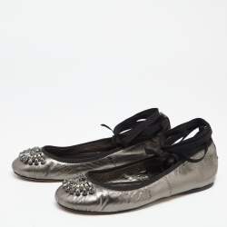 Pre Owned Jimmy Choo Metallic Grey Leather Grace Ankle-Wrap Ballet Flats Size 38.5