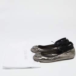 Pre Owned Jimmy Choo Metallic Grey Leather Grace Ankle-Wrap Ballet Flats Size 38.5