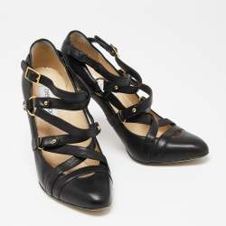 Pre Owned Jimmy Choo Black Leather Cross Strap Jazz Pumps Size 38.5