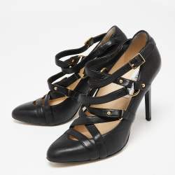Pre Owned Jimmy Choo Black Leather Cross Strap Jazz Pumps Size 38.5