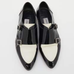 Pre Owned Jimmy Choo Black/White Patent Leather And Leather Mardi Monk Strap Flats Size 36