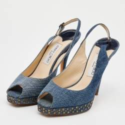 Jimmy Choo Blue Denim Peep Toe Slingback Sandals Size 37.5