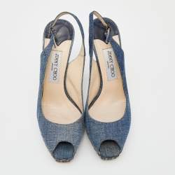 Jimmy Choo Blue Denim Peep Toe Slingback Sandals Size 37.5
