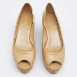 Pre Owned Jimmy Choo Beige Patent Leather Cork Wedge Platform Pumps Size 39