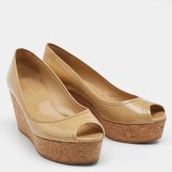 Pre Owned Jimmy Choo Beige Patent Leather Cork Wedge Platform Pumps Size 39