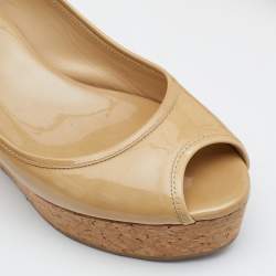 Pre Owned Jimmy Choo Beige Patent Leather Cork Wedge Platform Pumps Size 39