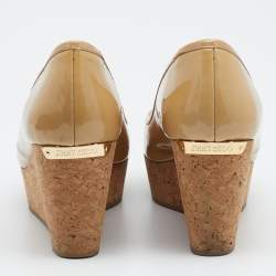 Pre Owned Jimmy Choo Beige Patent Leather Cork Wedge Platform Pumps Size 39