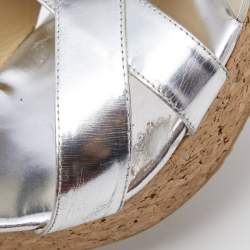 مملوكة مسبقًا صندل جيمي تشو لوسيا جلد فضي سيور متعاكسة كعب روكي فليني نعل سميك مقاس 40