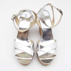 مملوكة مسبقًا صندل جيمي تشو لوسيا جلد فضي سيور متعاكسة كعب روكي فليني نعل س ميك مقاس 40