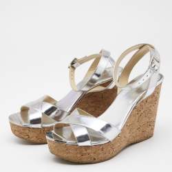 مملوكة مسبقًا صندل جيمي تشو لوسيا جلد فضي سيور متعاكسة كعب روكي فليني نعل سميك مقاس 40